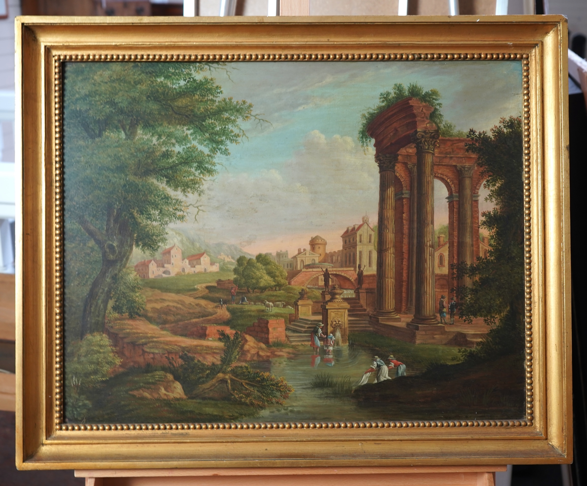 Continental School, 18th century, An Italianate landscape with fountain and ruins
